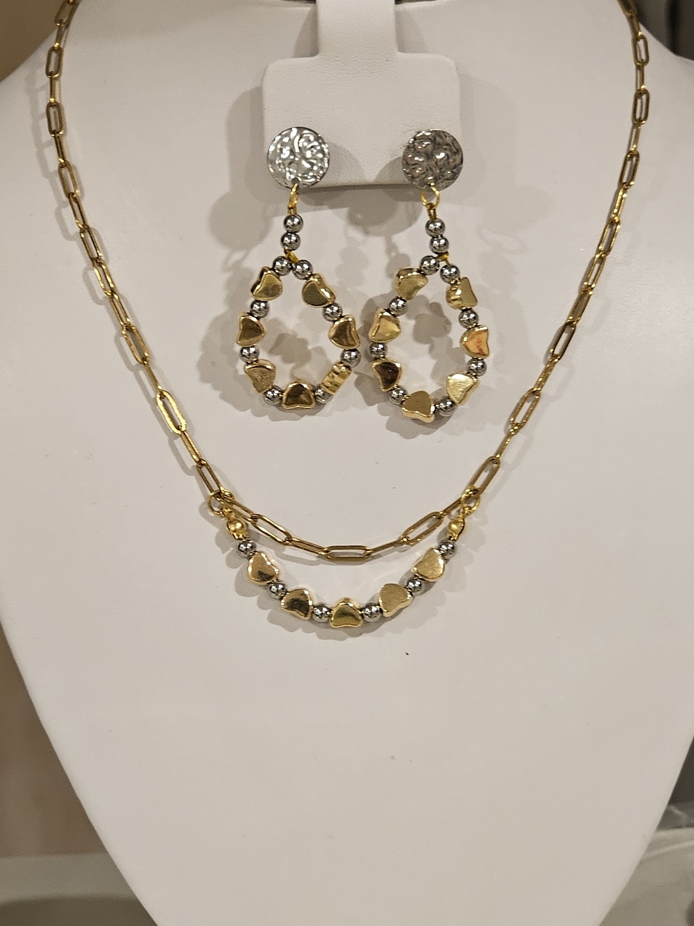 Gold-Tone Heart Bead Necklace & Earrings Set